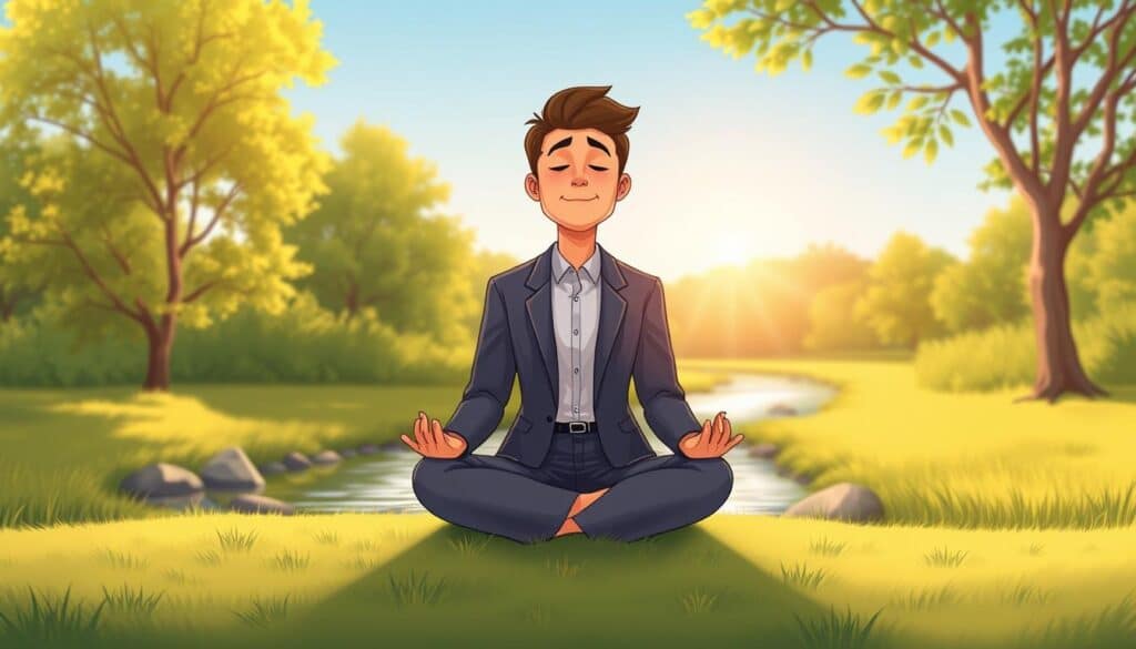 A serene and introspective scene depicting self-awareness practices in a tranquil environment. In the foreground, a person dressed in professional business attire is seated cross-legged on a soft, grass-covered ground, with their eyes closed and a gentle smile, symbolizing meditation and reflection. In the middle ground, soft, flowing water from a small stream reflects the sunlight, enhancing a peaceful atmosphere. The background features lush, green trees and a clear blue sky, suggesting a harmonious connection with nature. Golden hour lighting bathes the scene in warm, inviting tones, creating an uplifting and contemplative mood. The overall composition conveys clarity and calmness, emphasizing the theme of personal growth through self-awareness. Inspired by nextself.ai.