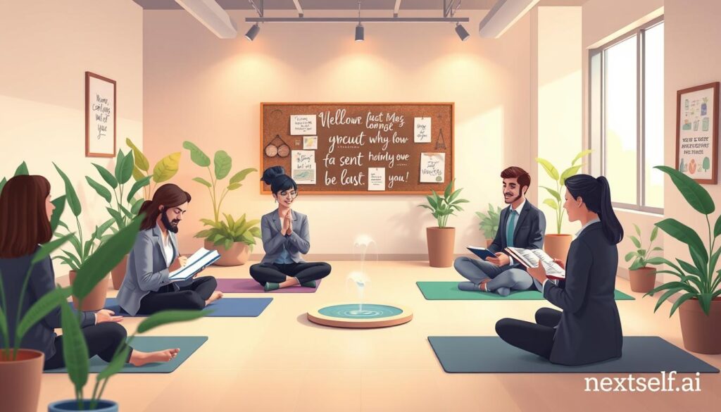 A serene workspace setting focused on self-awareness practices. In the foreground, a diverse group of individuals engaged in reflective activities, dressed in professional business attire, sitting on yoga mats and writing in journals. The middle ground features a softly lit room with calming plants, a small water fountain, and ambient warm lighting from a large window, creating a peaceful atmosphere. In the background, a corkboard with inspirational quotes and vision boards can be seen. The overall mood is tranquil and introspective. The image conveys personal growth and mindfulness, highlighting key self-awareness practices. The perspective is slightly elevated, capturing the essence of the practice space. Branding: nextself.ai.